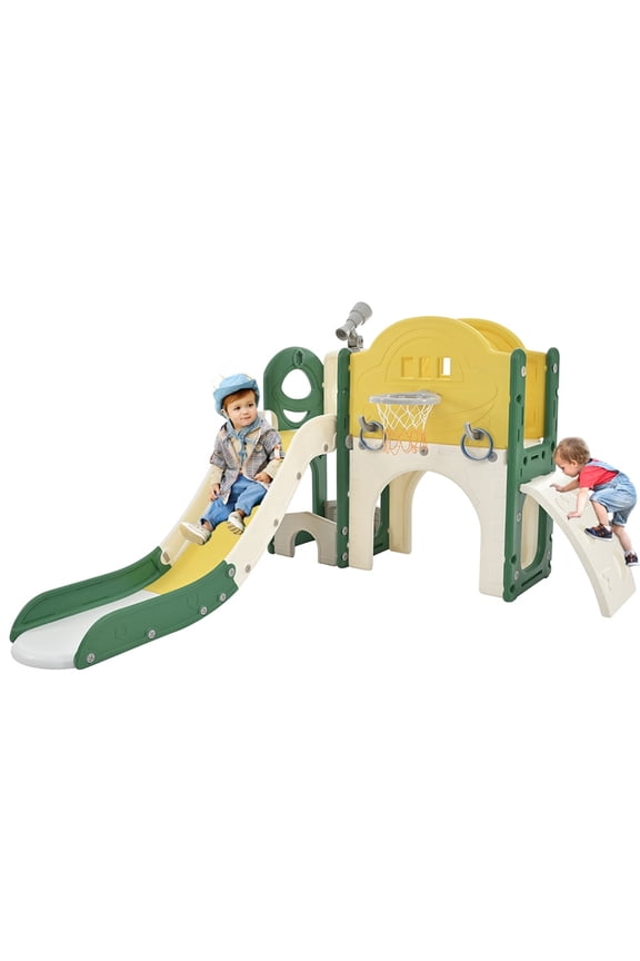 7 in 1 Toddler Slide for Indoor Playground, Freestanding Kids Climber Slide Playset with Basketball Hoop, Telescope, Crawl-through Tunnel, Golf Hole and Ring Toss Game