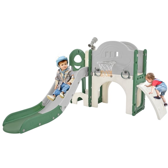 7 in 1 Toddler Slide for Indoor Playground, Freestanding Kids Climber Slide Playset with Basketball Hoop, Telescope, Crawl-through Tunnel, Golf Hole and Ring Toss Game