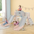 thumbnail image 1 of 7 in 1 Toddler Slide, Kid Slide Double Slides Toddlers Age 1-3 with Slide, Arch Tunnel, Toss and Basketball Hoop, Indoor Outdoor Slide Toddler Playset Toddler Playground (Pink Grey), 1 of 9