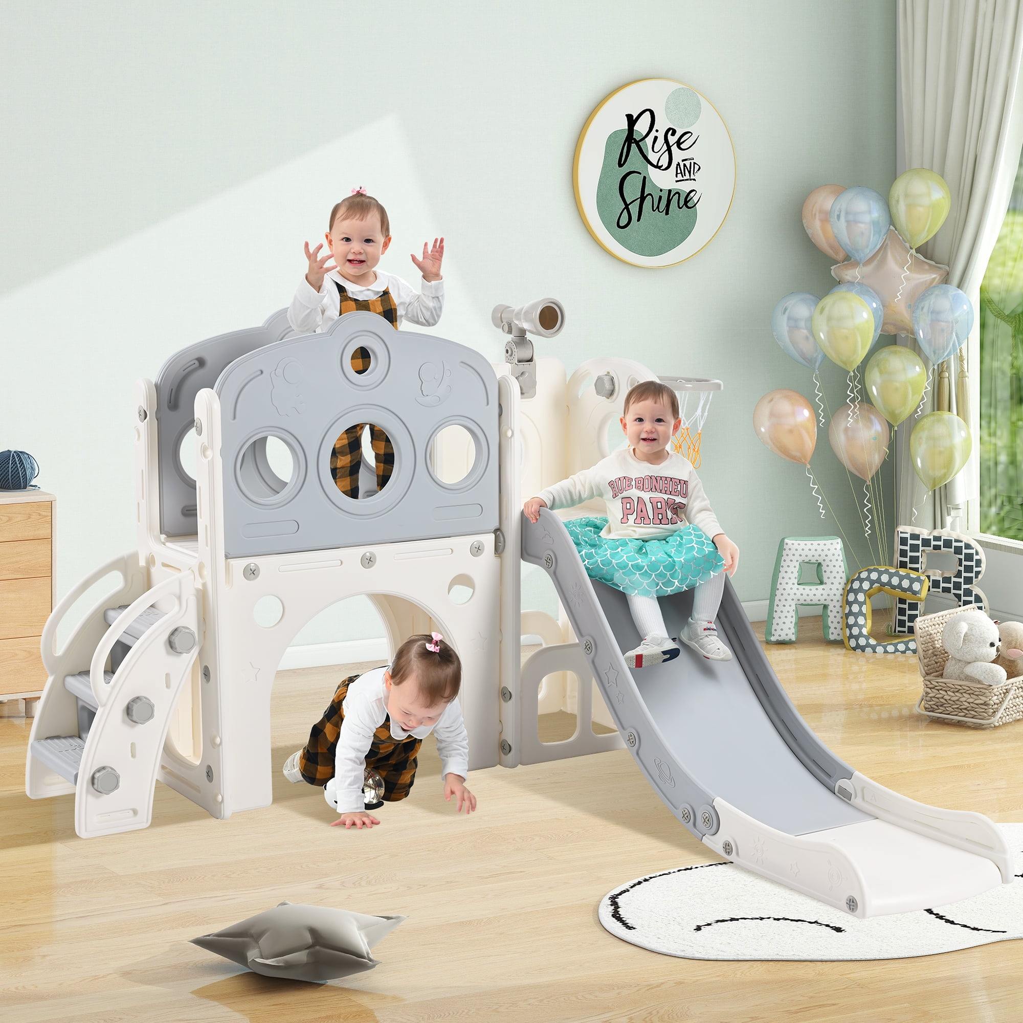 7 in 1 Toddler Slide Set, Freestanding Spaceship Set with Slide, Kids