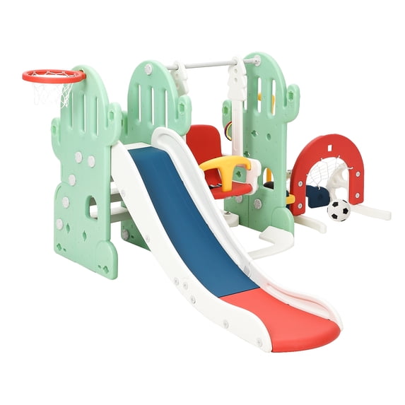 7 in 1 Toddler Slide and Swing Set, Freestanding Kids Slide Climber w/Adjustable Swing and Basketball Hoop, Soccer Golf and Ring Toss Game, Indoor Outdoor Playset for Toddlers Age 1-3