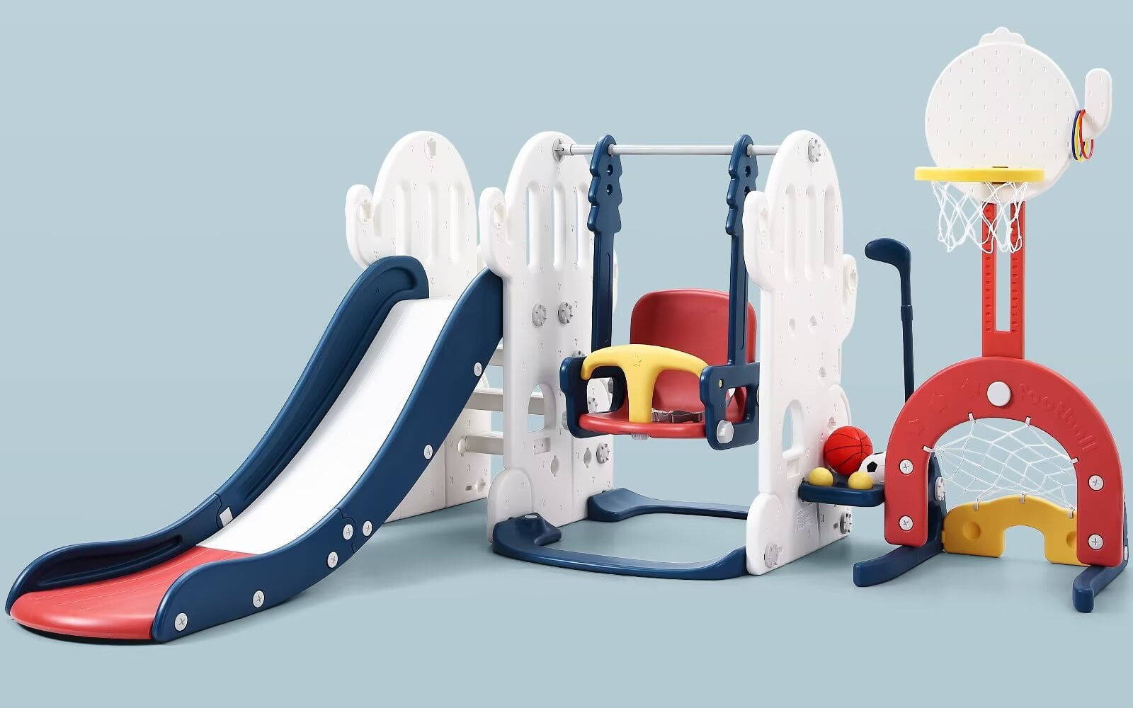 7 in 1 Toddler Slide and Swing Set, Freestanding Slide for Kids w/Basketball Hoop, Climbing Ladder, Ring Toss, Indoor Outdoor Backyard Playground Toy for Toddlers Age 1-3