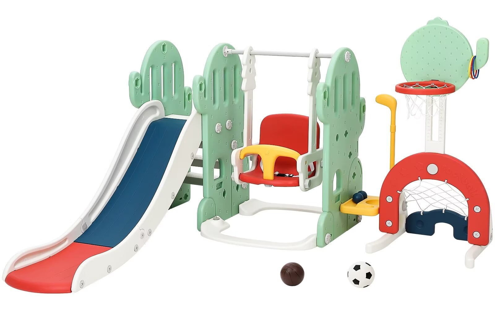 7 in 1 Toddler Slide and Swing Set, Freestanding Slide for Kids w/Basketball Hoop, Climbing Ladder, Ring Toss, Indoor Outdoor Backyard Playground Toy for Toddlers Age 1-3