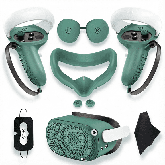 For 7 in 1 VR Silicone Accessories Compatible with Meta Quest 2 Dark Green Face Cushion Controller Grips Lens Protector Outer Shell Thumb Stick Caps Cleaning Cloth Disposable Face Covers