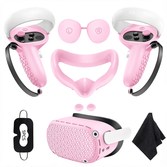 For 7 in 1 VR Silicone Accessories Compatible with Meta Quest 2 Pink Face Cushion Controller Grips Lens Protector Outer Shell Thumb Stick Caps Cleaning Cloth Disposable Face Covers