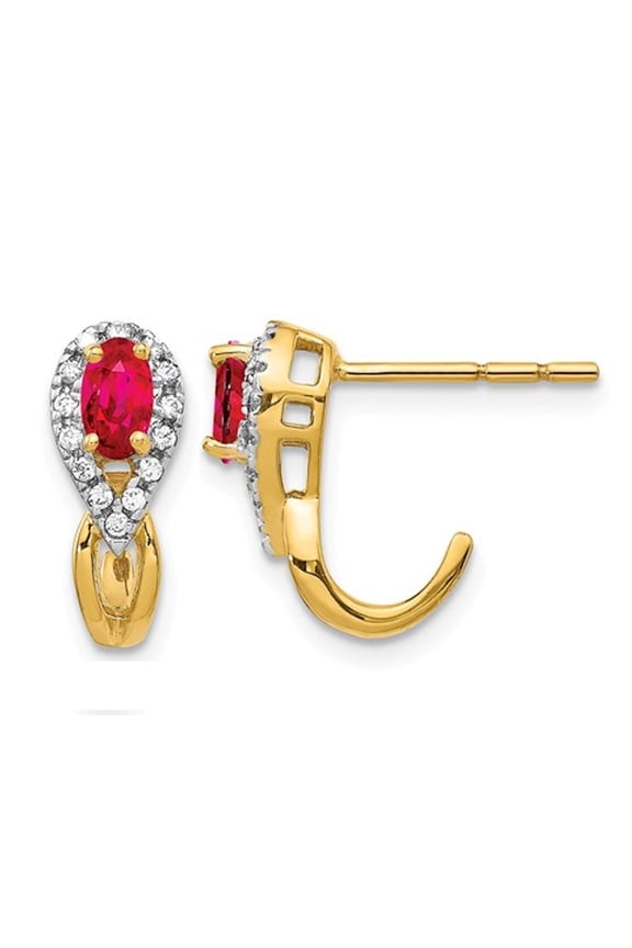 7/10 Carat (Ctw) Natural Ruby and Diamond 1/7 Carat (Ctw) J-Hoop Earrings in 14K Yellow Gold for Women