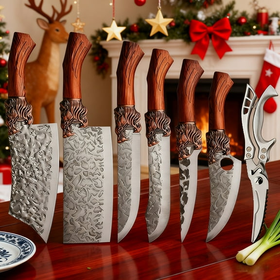 7/10Pcs Damascus Pattern Kitchen Knife Set, Includes Chef, Slicing, Bread, Vegetable & Fruit Knives, Sharp Durable Cutlery Set, Perfect for Home Kitchen & Holiday Gifts