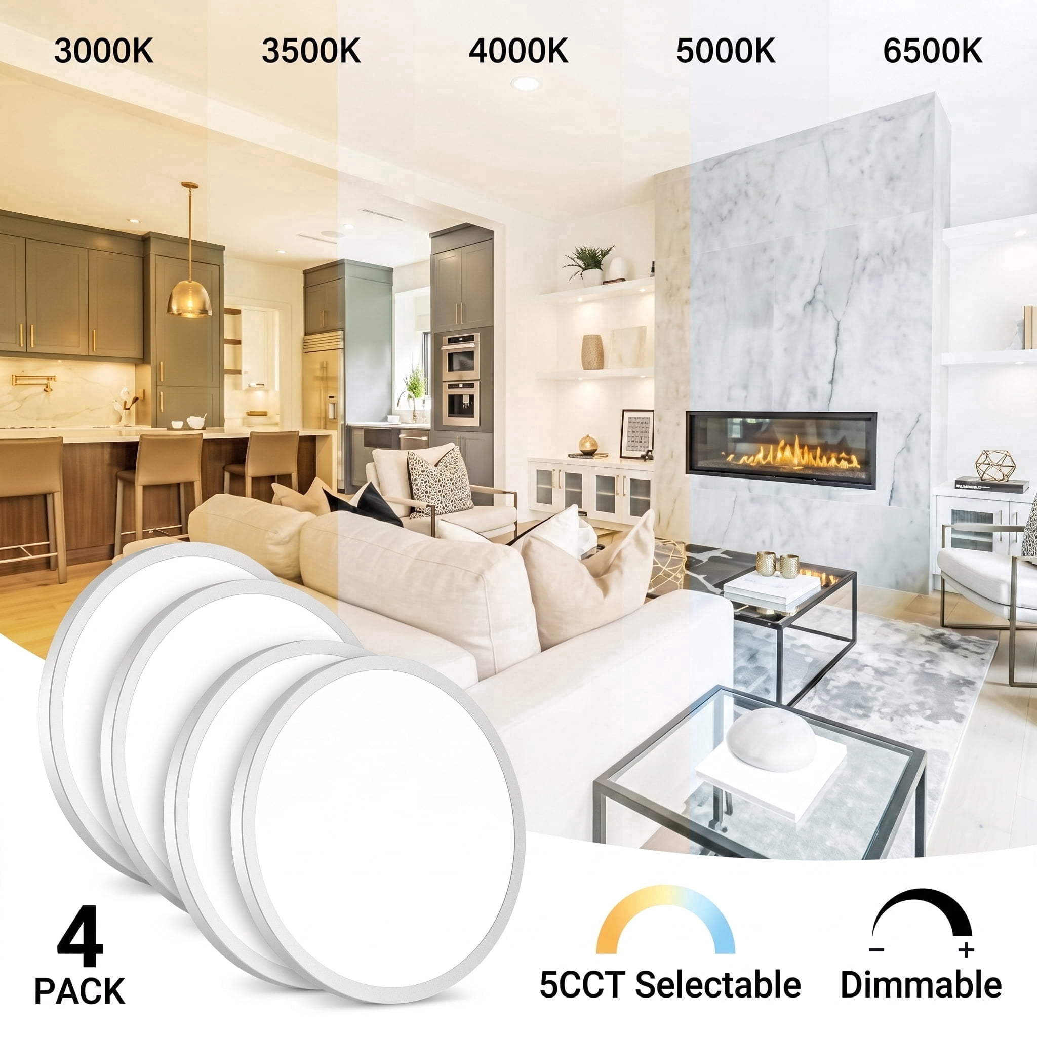 4 Pack 7 Inch LED Flush Mount Ceiling Light, Dimmable with 5 Color Temperatures, Modern Fixture for Kitchen, Bedroom and Hallway