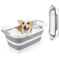 7.13 Gal/27L Raised Collapsible Dog Bathtub with Drain Hair Catcher, Multifunctional Pet Washtub for Small to M Dog, Portable Puppy Tub Cat Shower Basin Laundry Basket Storage Organize Bucket