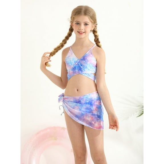 7-14T Girls 3 Piece Bikini Swimsuits   Coverups Summer Cute Printed Bathing Suit with Wrap Skirts For Teens Girl 7-14 Years