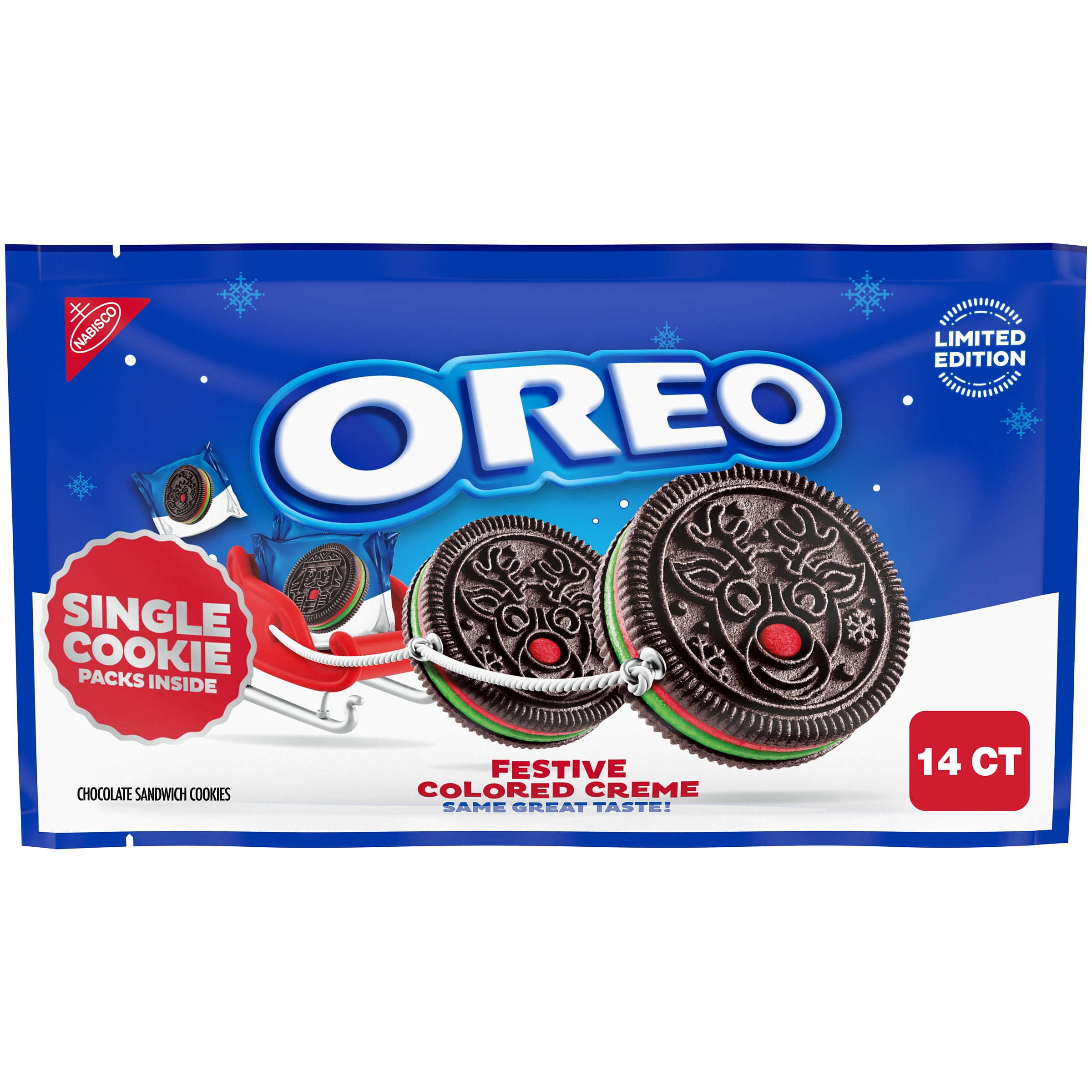 OREO Red and Green Festive Colored Creme Chocolate Sandwich Cookies, Limited Edition Holiday Cookies, 14 Snack Packs (1 Per Pack)