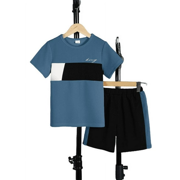 7-15Y Kid Boys Clothes Color Block Summer Short Sleeve Casual Tee Elastic Side Splicing Shorts 2Pcs Outfits Navy Blue