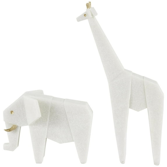 7", 16"H White Polystone Cubist Inspired Elephant, Giraffe Sculpture with Gold Accents, by DecMode (2 Count)