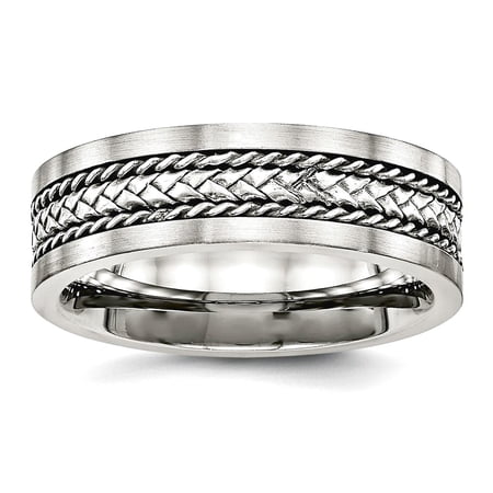 7.17mm Stainless Steel Polished and satin Satin and Polished With Silver Center Inlay Ring Size 10.5 Ring for Women