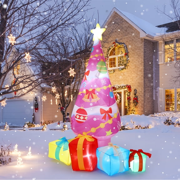 7.1ft Inflatable Christmas Decoration with Lights Outdoor Christmas Gift Box Polyester Christmas Tree Gift Box Holiday Decor Christmas Air Model for Xmas Holiday Party Garden Patio Pink
