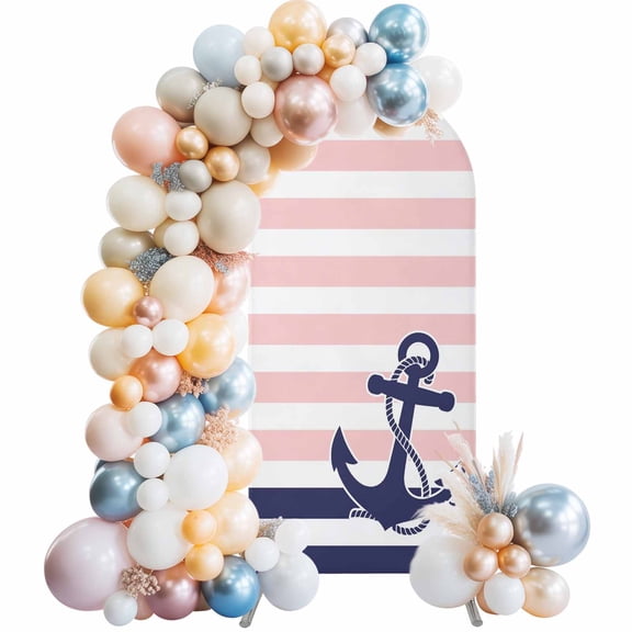 7.2 Ft Arch Backdrop Cover, Anchor Pink Decorative Wedding Arch Covers Spandex Fitted, Modern Navy Blue White Striped Nautical Backdrop Arches Covers for Party Banquet Baby Shower