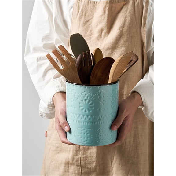 7.2 Inch Kitchen Utensil Holder, Extra Large Farmhouse Ceramic Crock with Cork Bottom for Countertop Storage