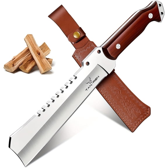 7.2'' Outdoor Survival Knife - Anti-Slip Wooden Handle w/Leather Sheath for Camping