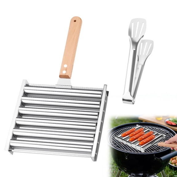 7.2'' Stainless Steel Hot Dog Roller for Grill with Long Handle & Metal Spatula, Hot Dog Machine Rack Cooker Maker for Sausage Barbecue Outdoor Camping 5 Hotdog Capacity
