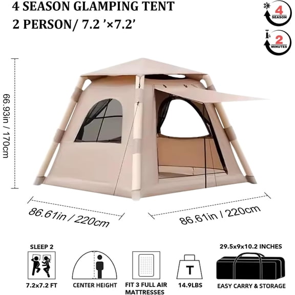 7.2' x 7.2' Inflatable Tents for Camping, Easy Setup Inflatable Tent House,4 Season Blow Up Camping Tent with Pump, Waterproof Sunproof Outdoor Glamping House$$Sport & Recreation Other