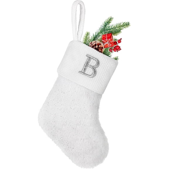 7/20 inches Initial Monogram Christmas Stocking White Personalized Christmas Stockings with Embroidered Letters Super Soft Initial Christmas Stocking for Xmas Holiday Christmas Tree Fireplace Decor