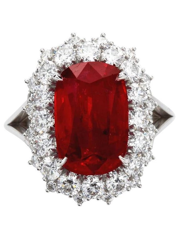 7.25 CT Big Cushion Cut Red Ruby with 14K White Gold Diamond Ring, Size 6.5