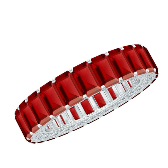 Rosec Jewels Lab Grown Ruby Eternity Band - AAAA Quality Certified - Emerald Cut Ruby Anniversary Band - Ready to Gift, 14K White Gold, US 5.00