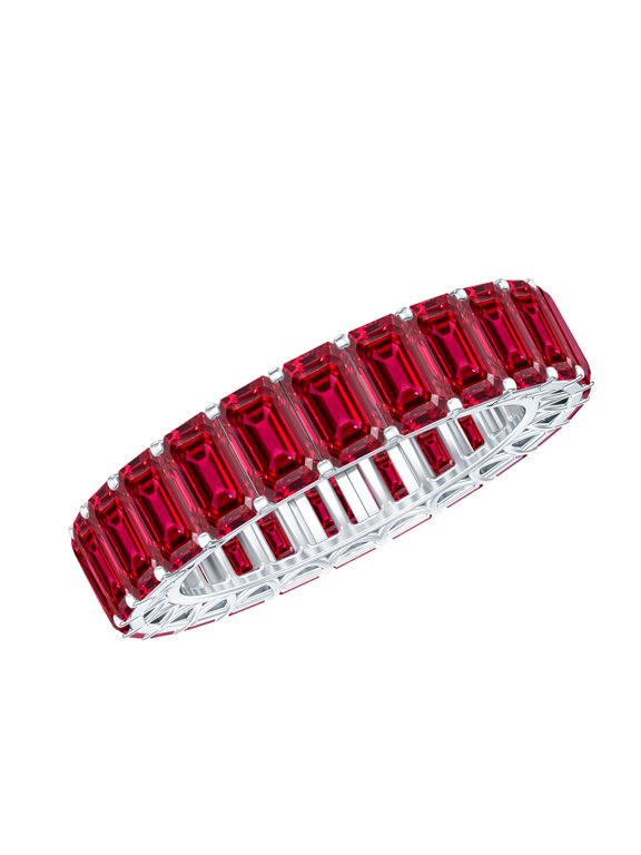 Lab Grown Ruby Eternity Band - AAAA Quality Certified - Emerald Cut Ruby Anniversary Band - Ready to Gift, 925 Sterling Silver, US 4.00