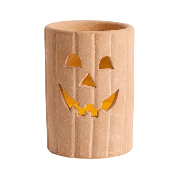 7.25" Jack O Lantern Halloween Candle Holder, Hollow Resin Pumpkin Lantern with Rustic Terracotta Look, Spooky Table Mantel Fall Home Decor