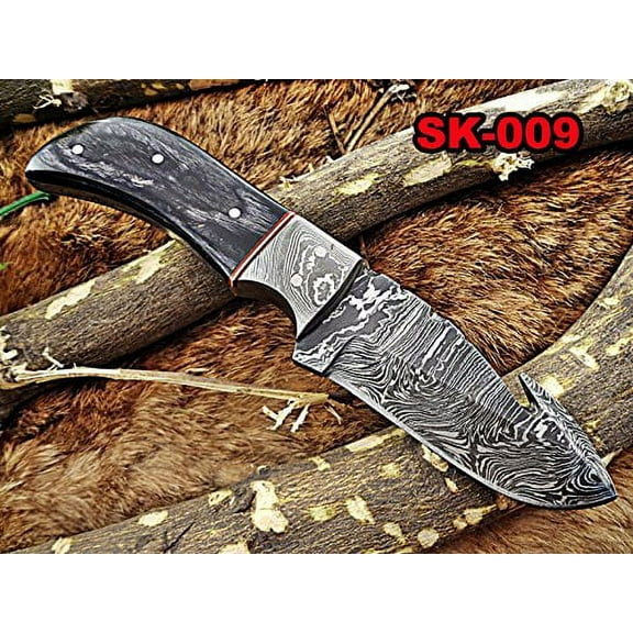 7.25" Long hand forged full tang Damascus steel compact Knife with gut hook, Dollar wood with Damascus Bolster scale, Cow Leather sheath