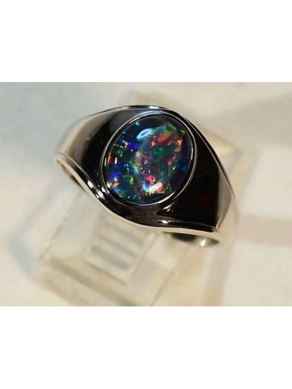 Solitaire Natural Australian Black Fire Opal 14k White Gold Ring, 7.25 ct