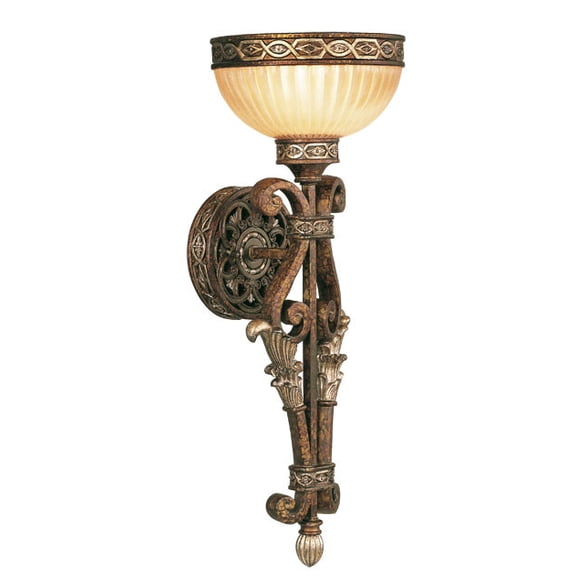 7.25 inch 1 Light Palacial Bronze with Gilded Accents Wall Sconce with Hand Crafted Gold Dusted Art Glass Shade