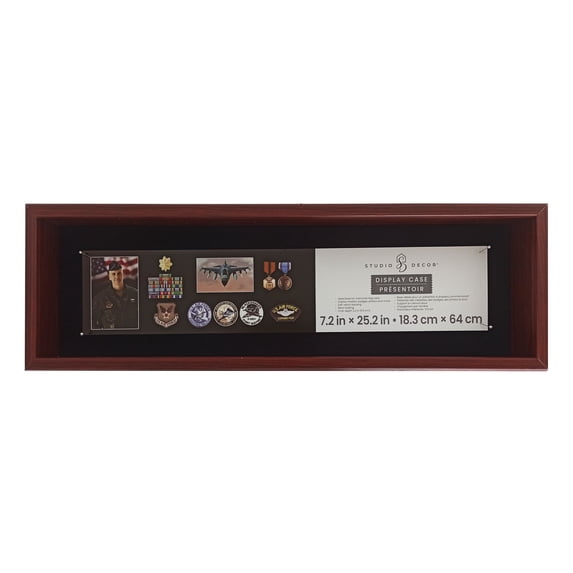 7.25" x 25.25" Mahogany Memorial Display Case by Studio Decor - Display Medals - Badges - and Memorabilia - 1 Pack