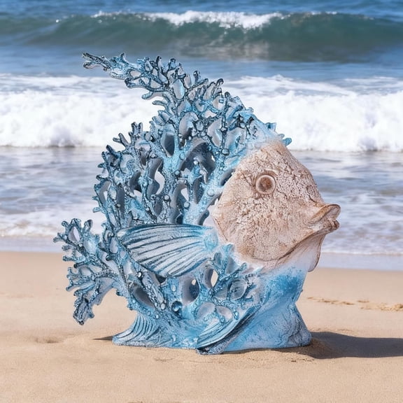 7.28'' Coral Fish Sculpture - Coastal Fish Figurine with Coral Backdrop, Blue & Sandy Beige Finish - Nautical Tabletop Accent for Living Room, Beach House & Bathroom Decor