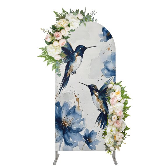 7.2FT Arch Backdrop Cover,Hummingbird Bird Blue Flower Gradient Spandex Arch Covers Fitted Arches Stand Cover Abstract Gold Splatter Wedding Birthday Party Banquet Decorations