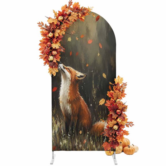 7.2FT Arch Backdrop Cover,Thanksgiving Maple Leaves Fox Spandex Arch Covers Fitted Arches Stand Cover Autumn Falling Foliage Wedding Birthday Party Banquet Decorations