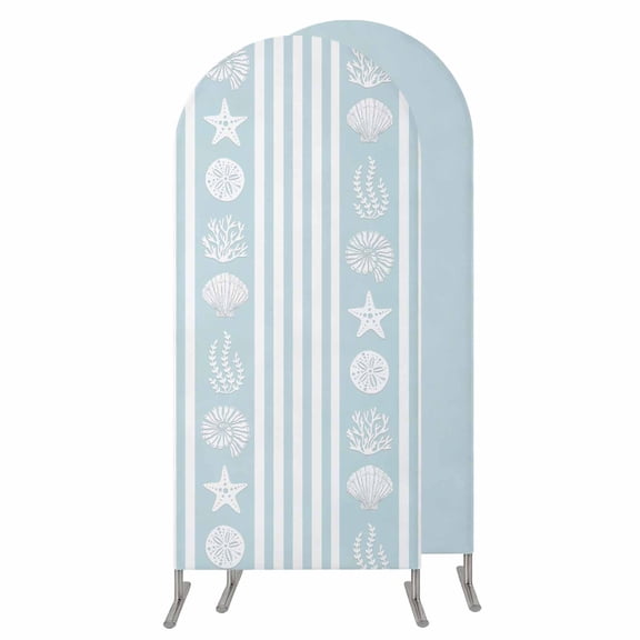 7.2FT Arch Backdrop Covers, Sky Blue Striped Coastal Wedding Arch Cover Stretchy, Nautical Beach Starfish Shell Chiara Arches Backdrop Stand Covers for Birthday Baby Shower Party Banquet Decor