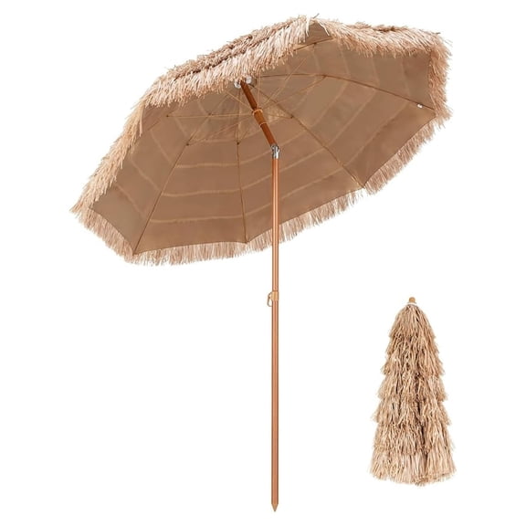 7.2FT Thatched Tiki Patio Umbrella - Hawaiian Style Hula Grass Umbrella w/Tilt Adjustment, 8 Ribs, Portable Tropical Palapa Straw Shade for Garden Pool, Outdoor Straw Beach Umbrella