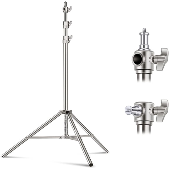 7.2ft/2.2m Stainless Steel Light Stand, Spring Cushioned Heavy Duty Photography Tripod Stand with 1/4 to 3/8 Screw Adapter for Strobe,LED Video Light,Ring Light, Monolight, Softbox