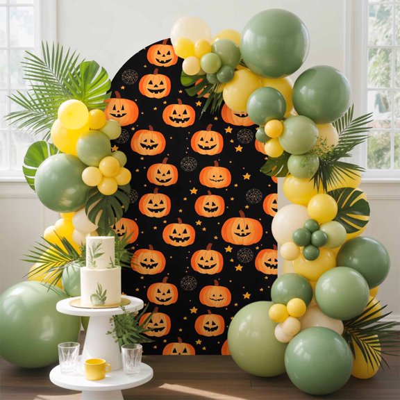 7.2ft Arch Backdrop Cover,Abstract Halloween Smile Face Pumpkin Arch Stand Cover Spandex Fitted Backdrop Covers Stars on Black Wedding Birthday Bridal Shower Party Background Decoration