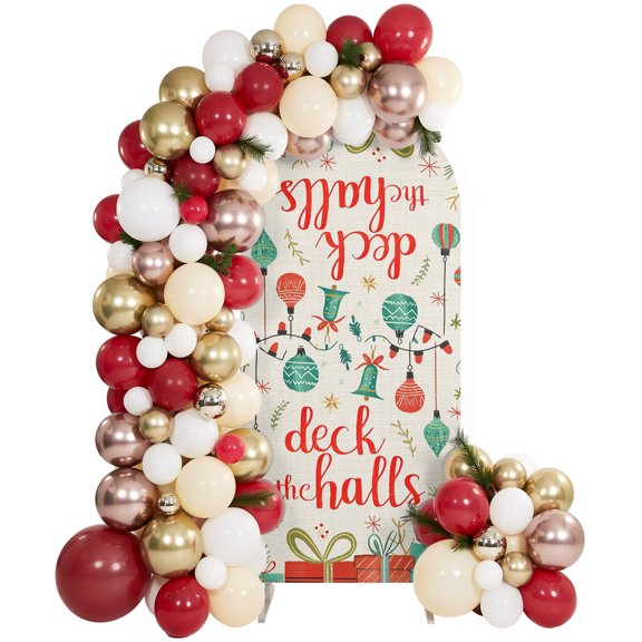 7.2ft Arch Backdrop Cover,Deck The Halls Christmas Gift Bell Pine Branch Arch Stand Cover Spandex Fitted Backdrop Covers Xmas Theme Wedding Birthday Bridal Shower Party Background Decoration