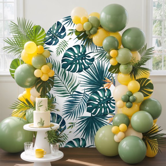 7.2ft Arch Backdrop Cover,Summer Green Monstera Palm Leaf Arch Stand Cover Spandex Fitted Backdrop Covers Tropical Plant Seamless Wedding Birthday Bridal Shower Party Background Decoration
