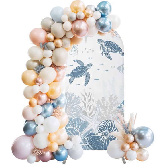 7.2ft Arch Backdrop Cover,Watercolor Blue Sea Turtles Starfish Arch Stand Cover Spandex Fitted Backdrop Covers Coral Shells Jellyfish Wedding Birthday Bridal Shower Party Background Decoration