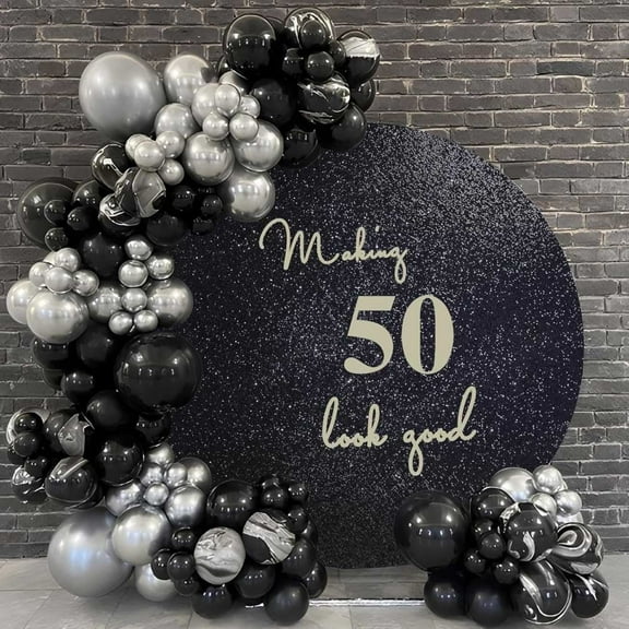 7.2ft 2pcs Black Sparkly Sequin and Black Round Backdrop for Birthday