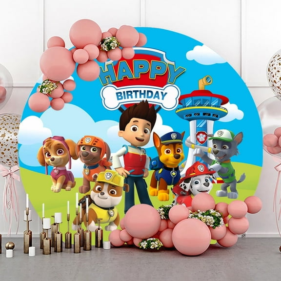 7.2ft Blue Sky Grassland Dog Little Boy Round Birthday Backdrop for Kids