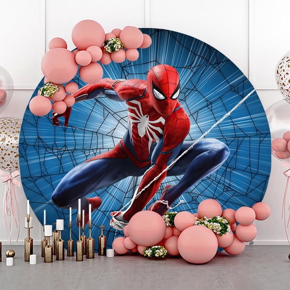 7.2ft Blue and Red Spider Web Round Birthday Backdrop for Kids