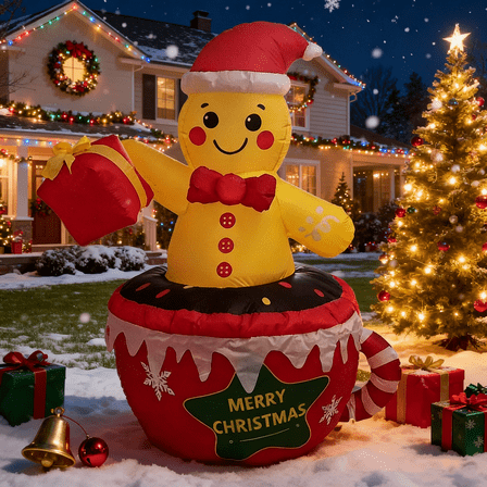 7.2ft Inflatable Hot Cocoa Cup with Gingerbread Man & LED Lights - Christmas Blow Up Outdoor Yard Decoration for Lawn, Garden and Holiday Parties