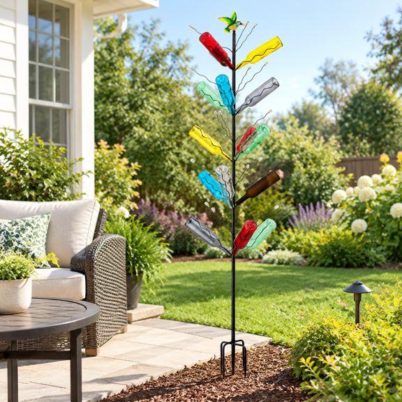 7.2ft Tall Rustproof Metal Wine Bottle Tree for Garden Decor, Holds Up To 15 Bottles
