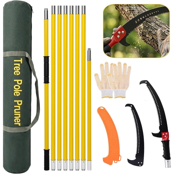 7.3-27FT Extendable Pole Saw, Manual High Branch Trimmer, Sharp Carbon Steel Blade, 8-Piece Lightweight Fiberglass Poles, Gardening Pruning Tool for Palms, Shrubs