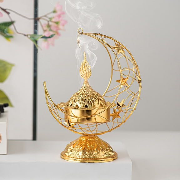 7.3*5.5in Arabic Incense Burner Censer Vintage Incense Holder Gold Metal Middle Eastern Home Décor with High Footed Crescent Mosque Design for Indoor Fragrance(Gold)